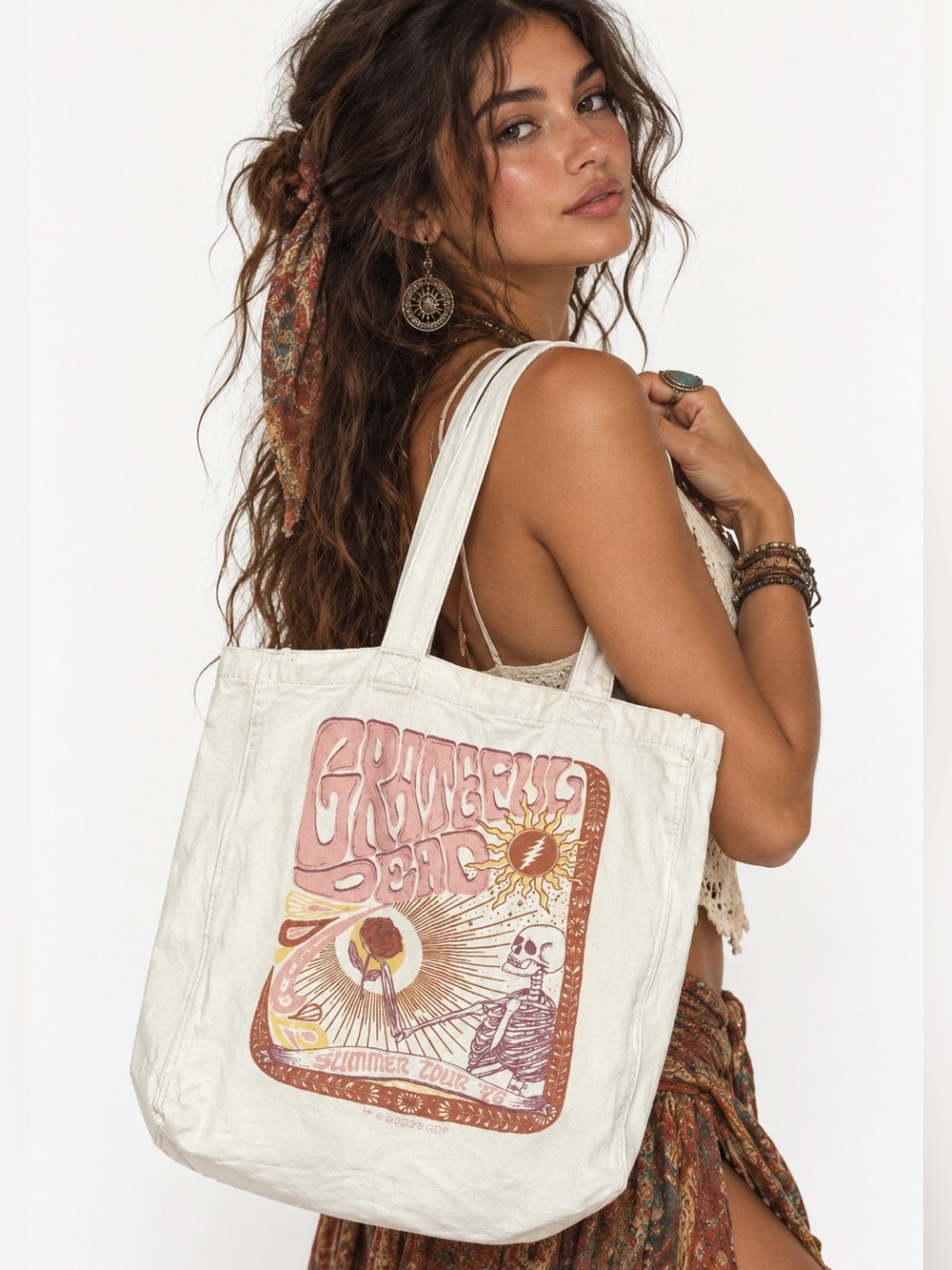 Grateful Dead Summer Tour 2022 Cream Canvas Tote Bag Skeleton Rose Hippie Boho